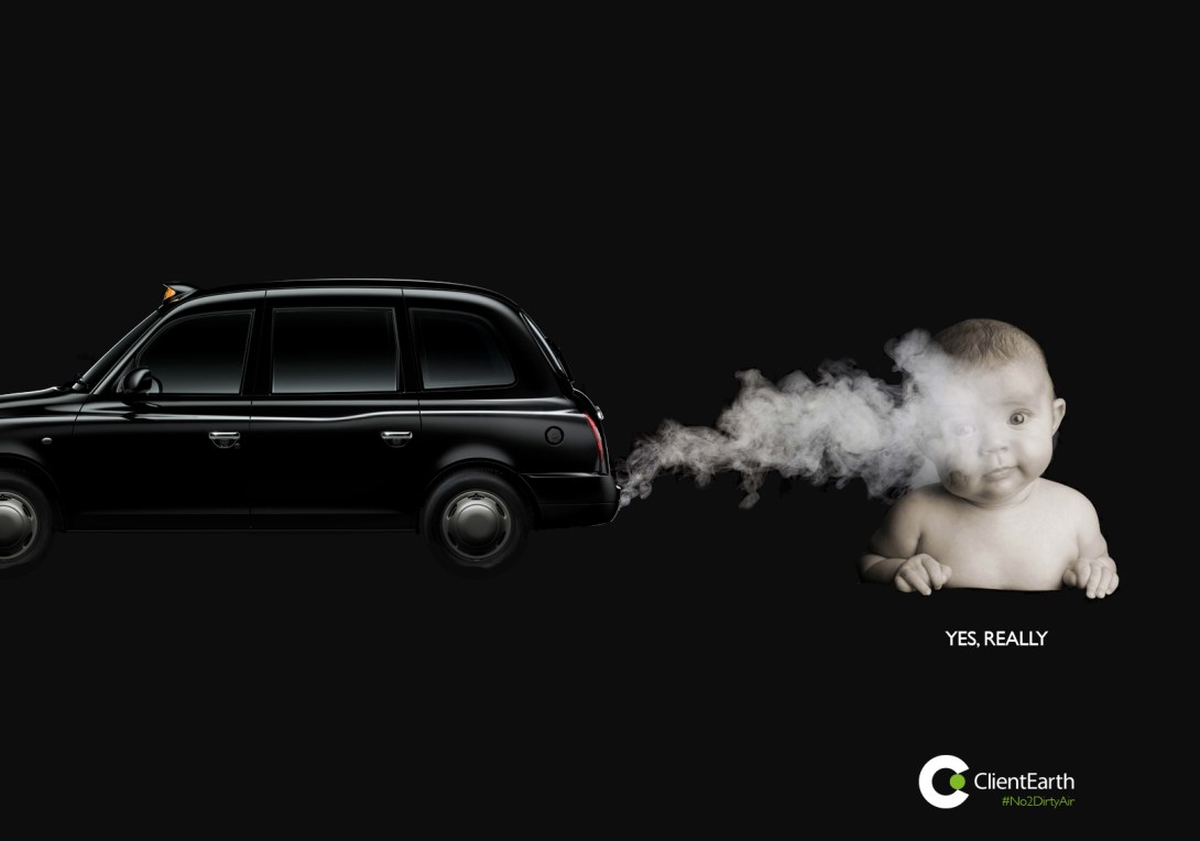 advertising concept to raise awareness of pollution in cities - baby inhaling exhaust fumes