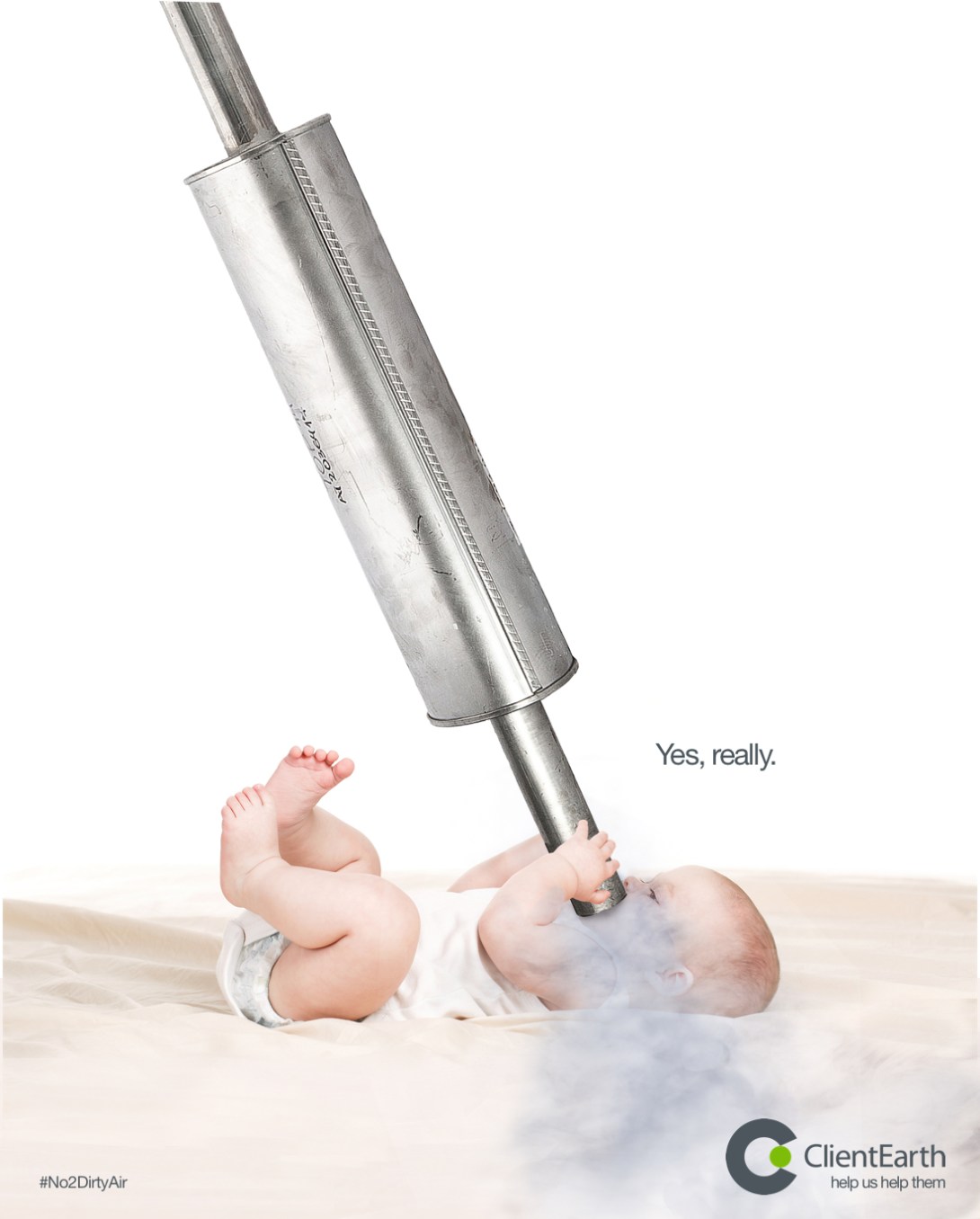 advertising concept for a clean air charity - baby with exhaust pipe