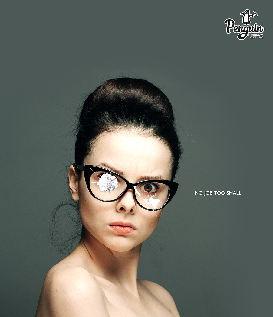 Advertising concept for a window cleaning brand - no job too small - bird poo on glasses