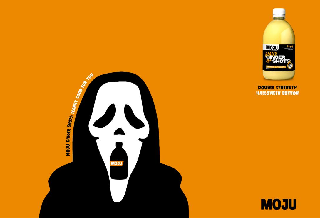 advertising concept for Moju's double-strength, Halloween edition ginger shots